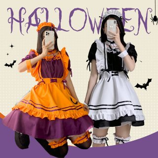 メイド服 ハロウィン メイド服 オレンジ ハロウィン コスプレ レディース スプレ ハロウィン 仮装 レディース エプロン カチューシャ 衣装 可愛い 大人用 ワンピース